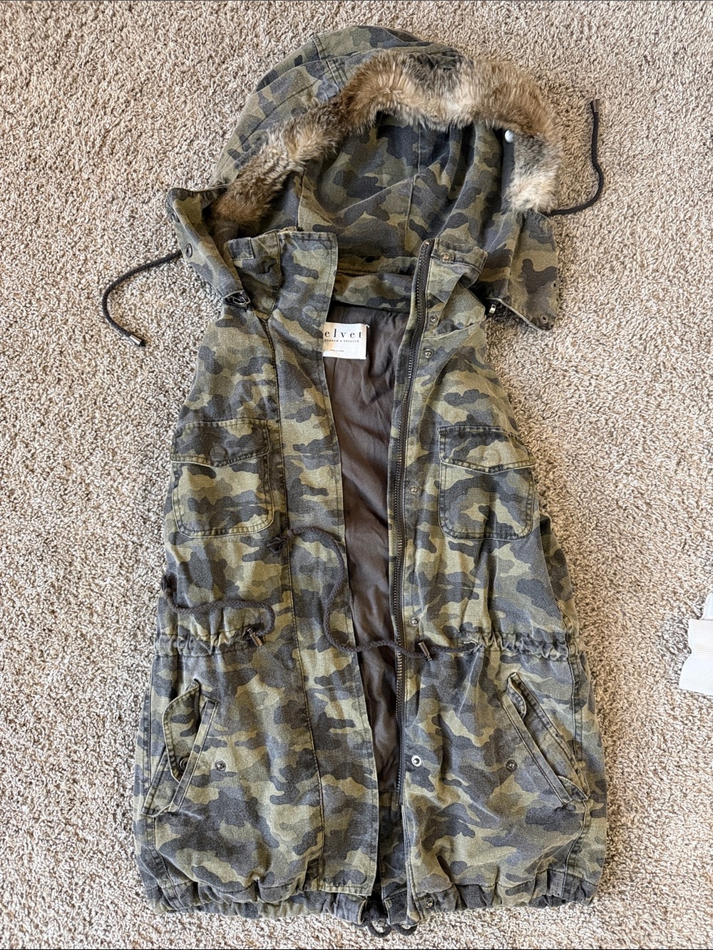 Velvet by Graham & Spencer Olive Green Camo Hooded Vest with Faux Fur Trim